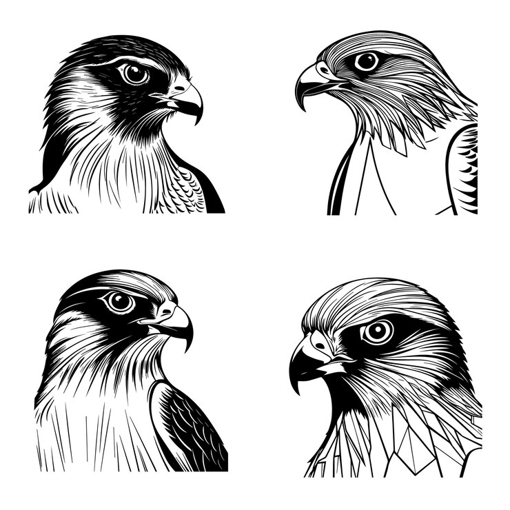 Collezione di illustrazioni vettoriali della silhouette della faccia dell'uccello Peregrine Falcon