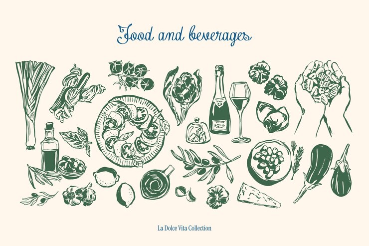 Vettore collezione di illustrazioni vettoriali minimaliste di alimenti e bevande disegnate a mano