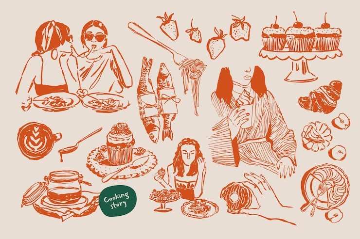 Vettore collezione di illustrazioni vettoriali minimaliste di cibo e bevande disegnate a mano