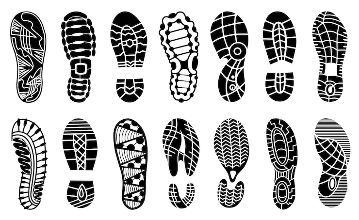 Vettore collezione di impronte di scarpe umane silhouette. set di stampa suole per scarpe. diverse impronte vettoriali uomini donne scarpe da ginnastica scarpe stivali. icone di impronte isolate su priorità bassa bianca.