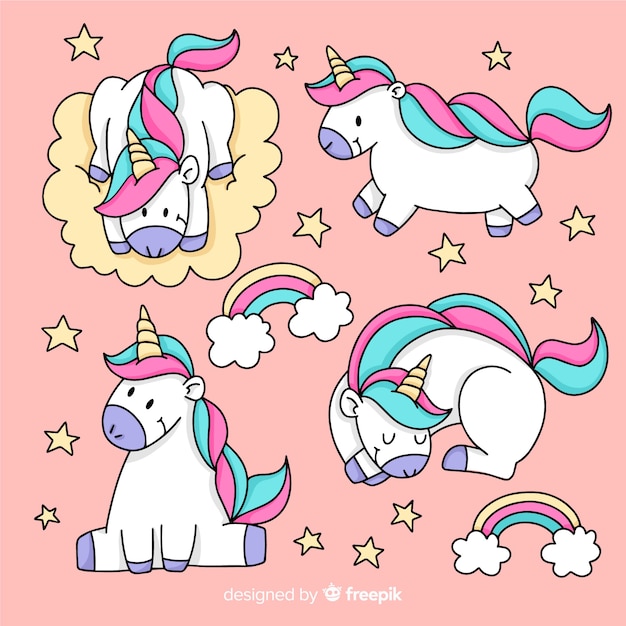 Collezione di kawaii unicorno disegnata a mano