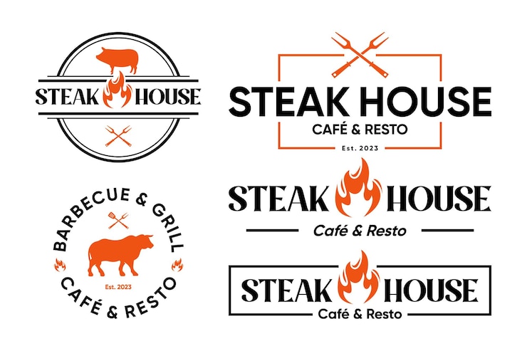 Vettore collezione di logo e adesivi dell'emblema della steakhouse