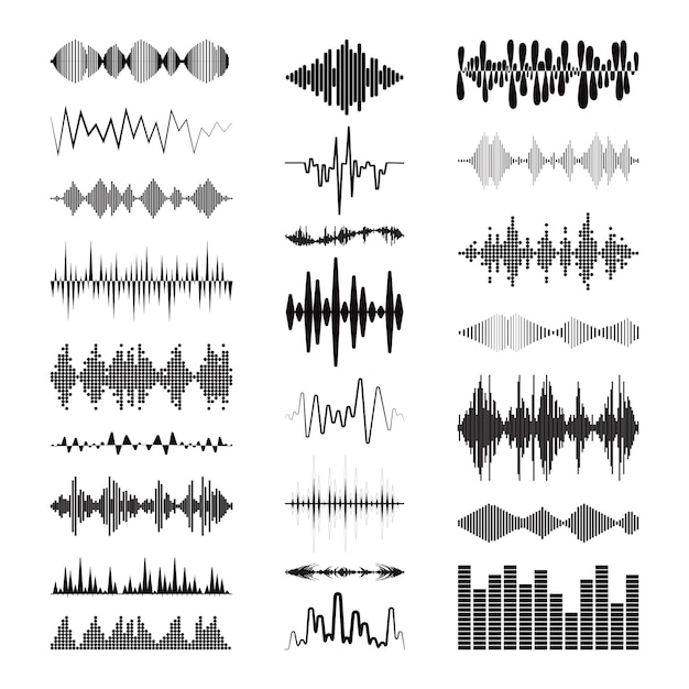 Collezione di logo onde sonore nere con simboli audio su sfondo bianco Set di elementi per equalizzatore musicale moderno Illustrazione digitale piatta isolata Tecnologia della forma d'onda vettoriale
