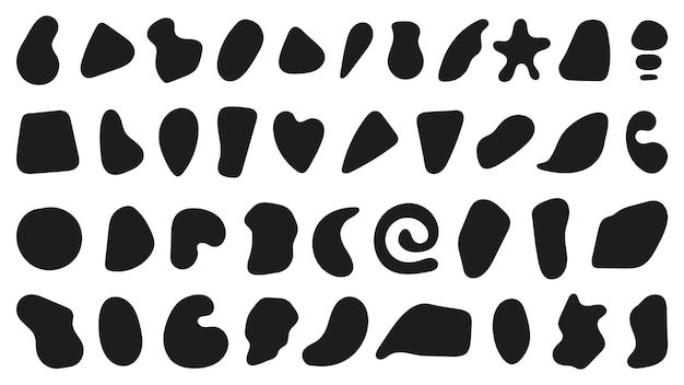 Collezione di macchie nere diverse Semplici cerchi astratti forme organiche e varie forme di goccia Elementi decorativi vettoriali retrò di base per il design Illustrazione di un semplice elemento fluido splodge di vernice