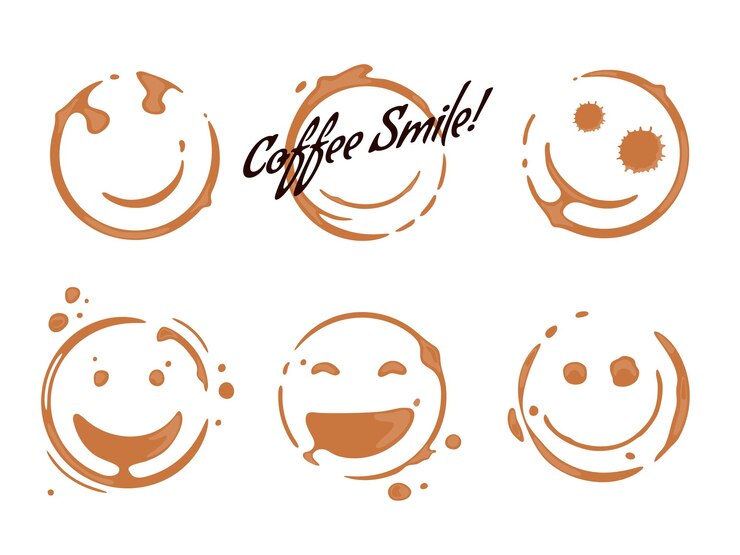 Collezione di macchie rotonde di tazze da caffè che modellano sorrisi e volti sorridenti Concetto di buon umore