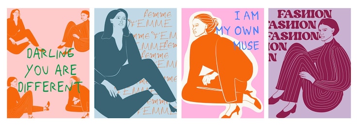 Vettore collezione di manifesti di femminilità. modello di poster con viso e corpo di donna. poster di ispirazione.