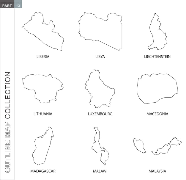 Collezione di mappe di contorno nove mappe vettoriali a righe nere