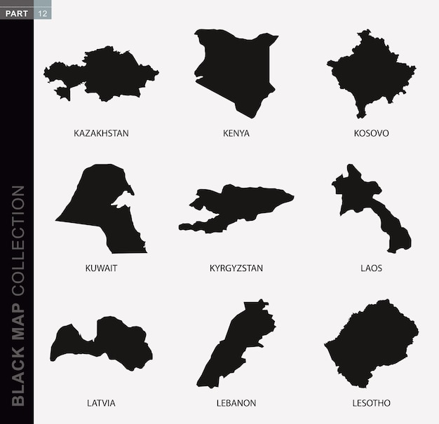 Collezione di mappe nere, mappe di contorno nere del mondo. Raccolta di mappe Parte 12.