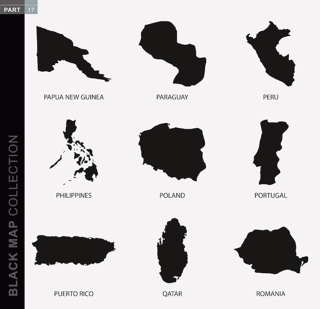 Collezione di mappe nere, mappe di contorno nere del mondo. Raccolta di mappe Parte 17.