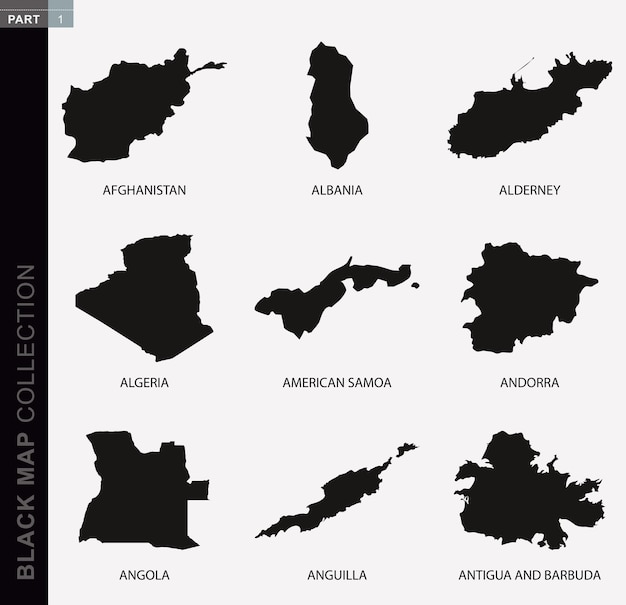 Collezione di mappe nere, mappe di contorno nere del mondo. Raccolta di mappe Parte 1.