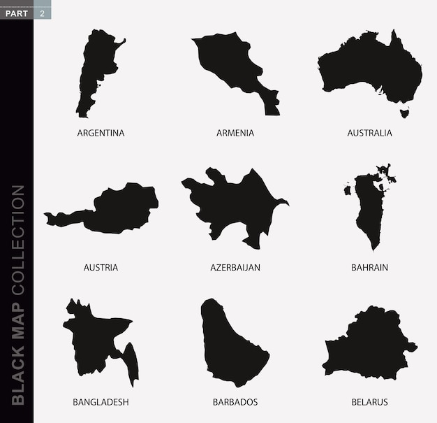 Collezione di mappe nere, mappe di contorno nere del mondo. Raccolta di mappe Parte 2.
