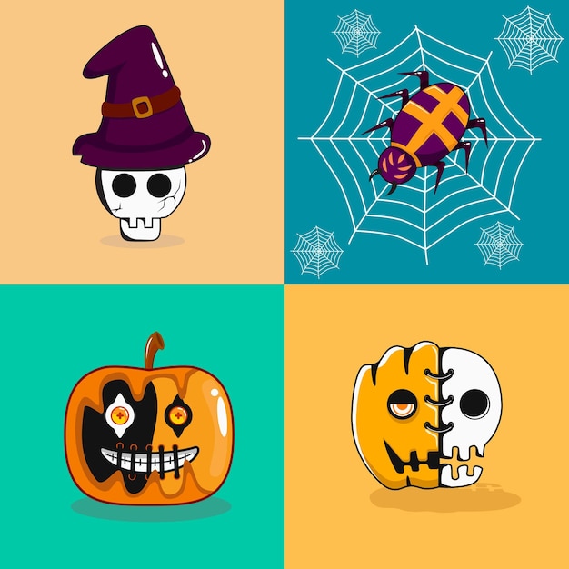 Collezione di mascotte di Halloween. strega, teschio, ragno e zucca