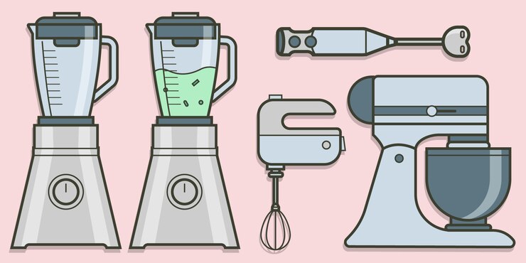 Collezione di miscelatori e miscelatori in design piatto. Insieme di elementi di vettore di infografica. Icone per il tuo prodotto o illustrazione