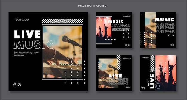 Collezione di modelli di post instagram di musica dal vivo con colore scuro