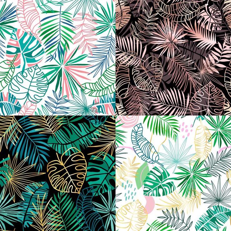 Vettore collezione di motivi vettoriali tropicali senza cuciture sfondo floreale tropicale estivo foglie verdi della giungla su sfondo rosa