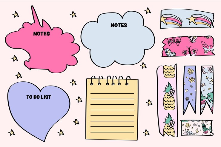 Vettore collezione di note adesive per bambini carini pagine di note cartacee con nastro washi carino