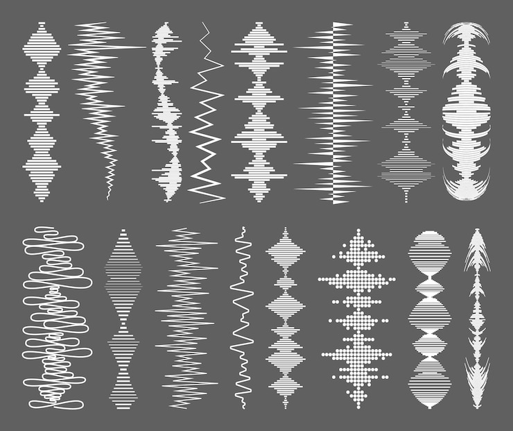 Vettore collezione di onde sonore bianche con simboli audio su sfondo grigio set di elementi dell'equalizzatore musicale moderno illustrazione della tecnologia della forma d'onda isolata piatta vettoriale
