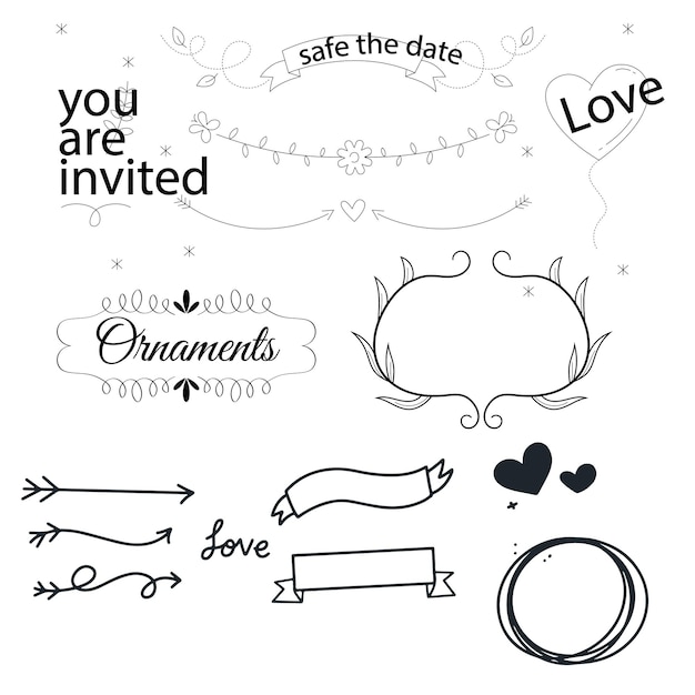 collezione di ornamenti da sposa disegnati a mano illustrazione di design vettoriale
