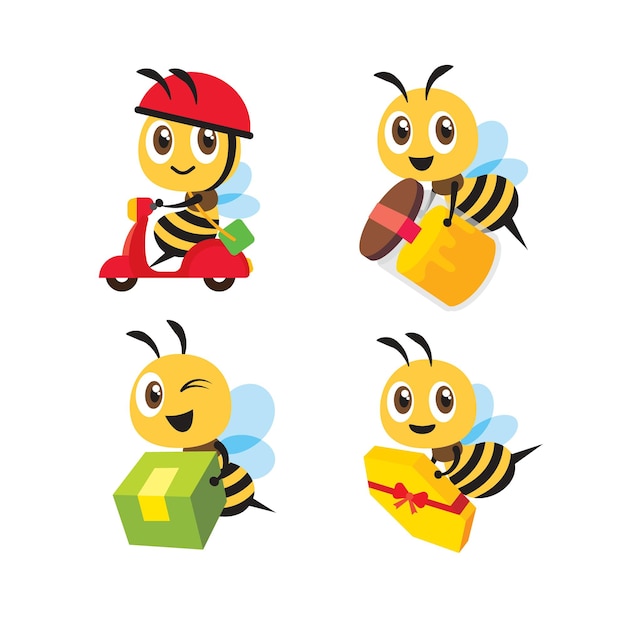Collezione di pacco di consegna ape cartone animato design piatto e bottiglia di miele