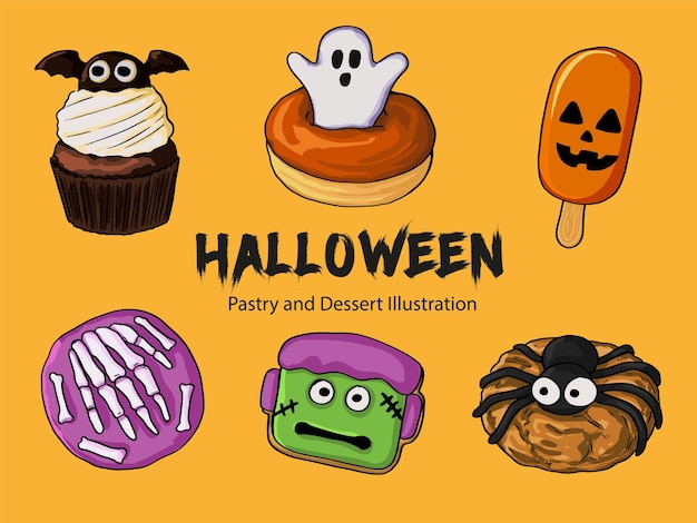 Collezione di pasticceria e dessert di Halloween disegnati a mano