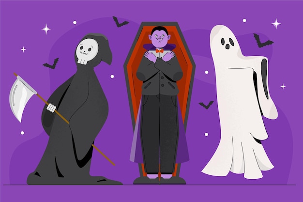 Collezione di personaggi di halloween piatti disegnati a mano