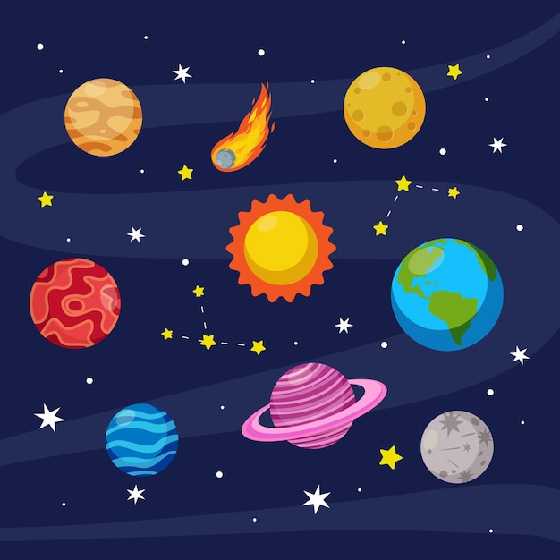Collezione di pianeti elemento spaziale colorato Design piatto vettoriale dei cartoni animati