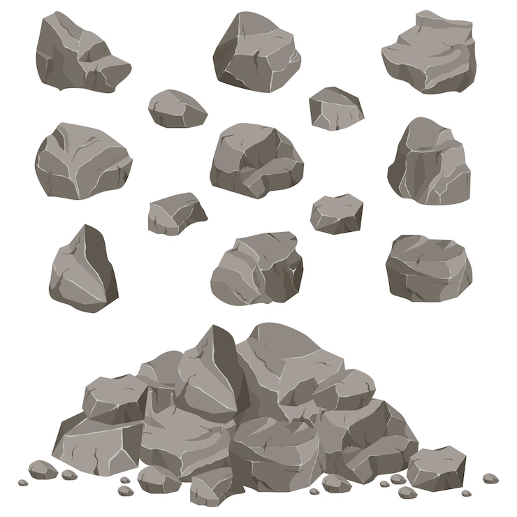 Vettore collezione di pietre di varie forme. rocce e detriti della montagna. un enorme blocco di pietre. frammento di pietra