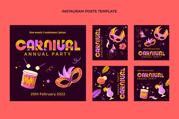 Collezione di post di instagram di carnevale piatto