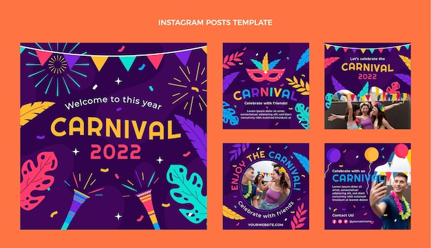Collezione di post di instagram di carnevale piatto