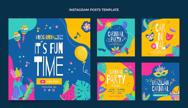 Collezione di post di instagram di carnevale piatto