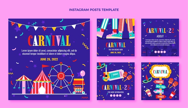 Collezione di post di instagram di carnevale piatto