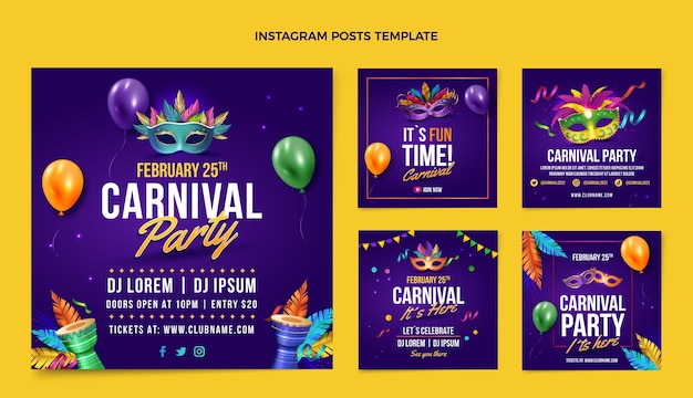 Collezione di post di instagram di carnevale realistico
