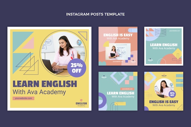 Collezione di post di instagram di lezioni di inglese piatte