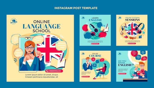 Collezione di post di instagram di lezioni di inglese piatte
