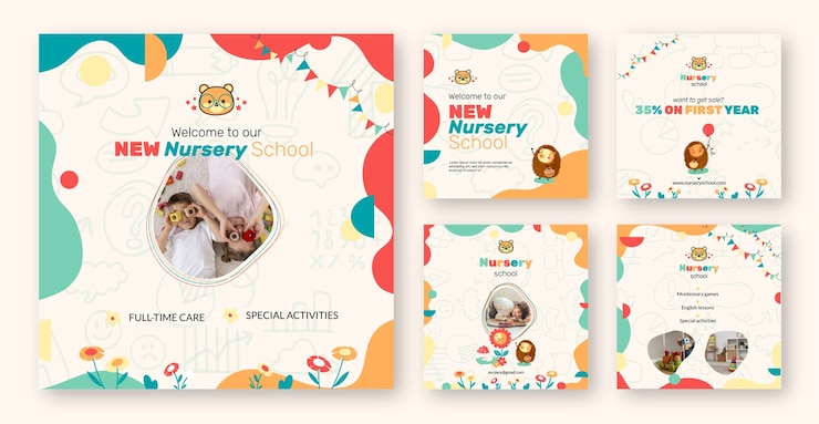Vettore collezione di post di instagram di scuola materna disegnata a mano