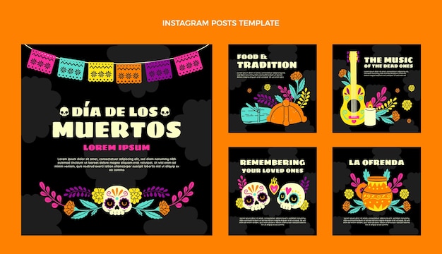 Collezione di post di instagram dia de muertos piatta disegnata a mano