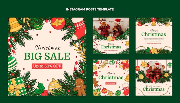 Collezione di post di instagram natalizi disegnati a mano