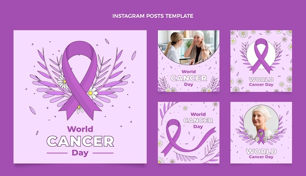 Collezione di post di instagram per la giornata mondiale del cancro disegnata a mano