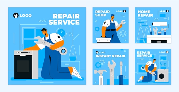 Collezione di post di instagram per officine di riparazione piatte