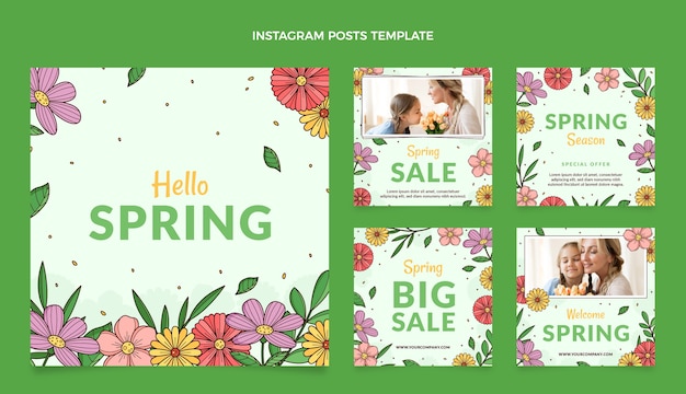 Collezione di post di instagram primaverili disegnati a mano