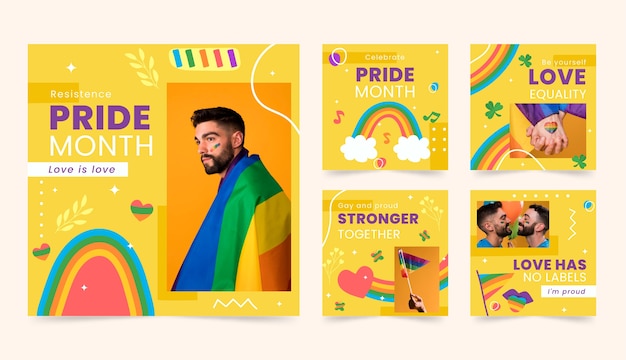 Collezione di post instagram del mese dell'orgoglio piatto