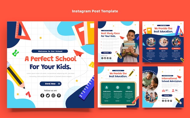 Collezione di post instagram di scuola internazionale minima piatta