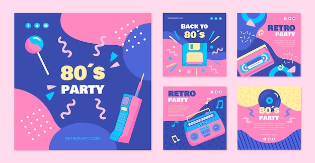Collezione di post instagram per feste anni '80 piatti