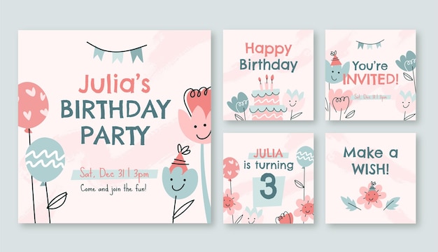 Collezione di post instagram per feste di compleanno disegnate a mano