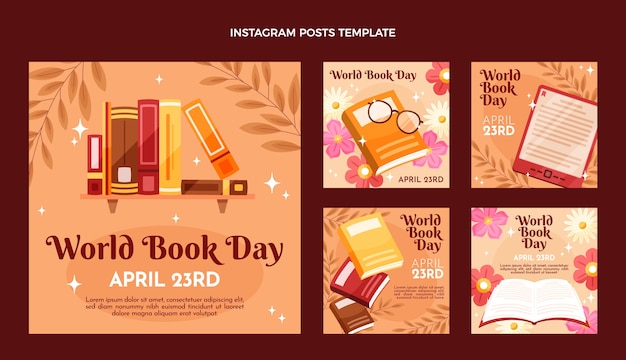 Collezione di post instagram per la giornata mondiale del libro piatta