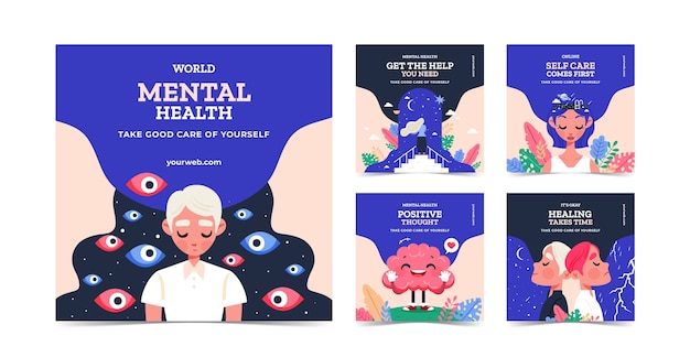 Collezione di post instagram per la giornata mondiale della salute mentale piatta