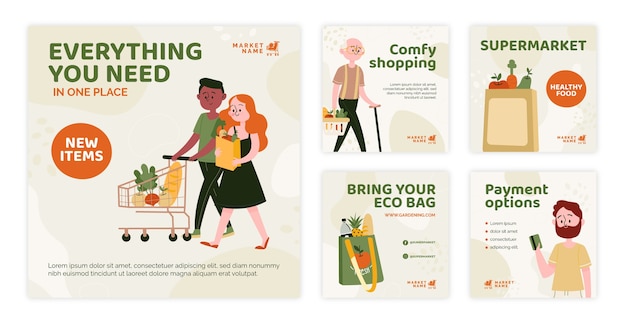 Collezione di post instagram per supermercati piatti