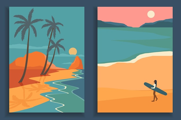 Collezione di poster paesaggio colorato astratto. Set di modelli di stampa spiaggia di arte contemporanea.