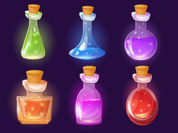 Vettore collezione di pozioni magiche per streghe luminose
