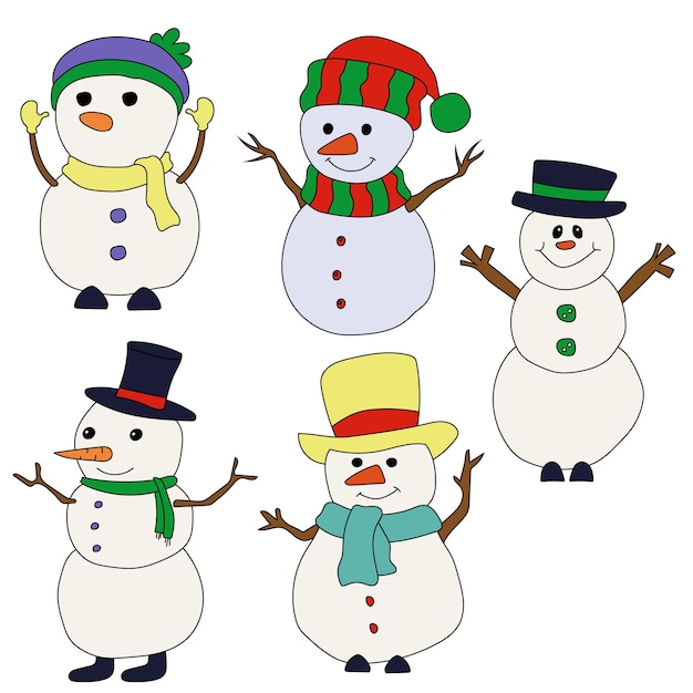 Collezione di pupazzi di neve carini e allegri con vari cappelli e sciarpe perfetti per le vacanze invernali